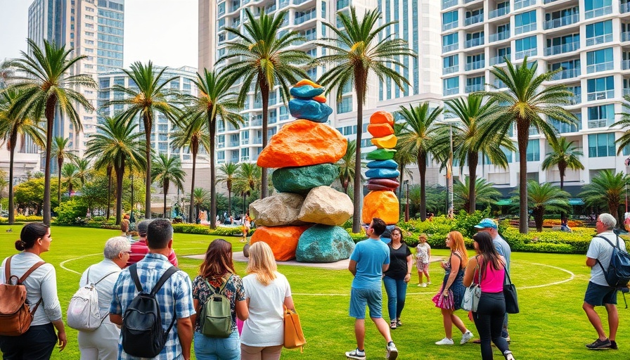 Tourists at Miami park observe colorful sculpture during The Bass Highlights Tour.