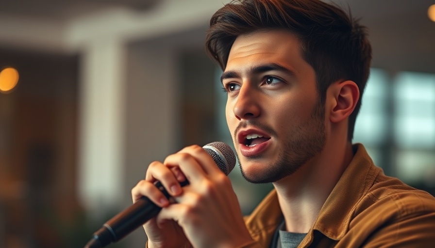 Young man discussing AI creativity indoors, warm lighting.