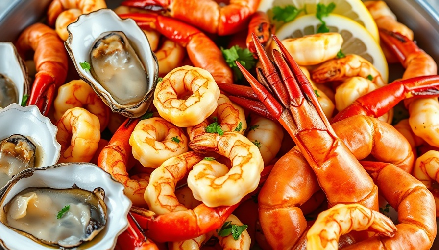 Assortment of Houston seafood restaurant dishes including oysters and shrimp.