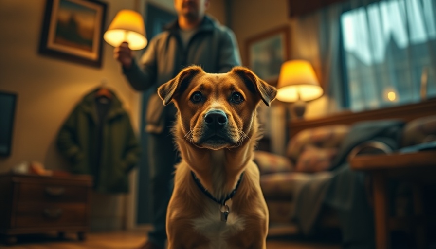 Curious dog illuminated by lantern in dark room, Good Boy movie.