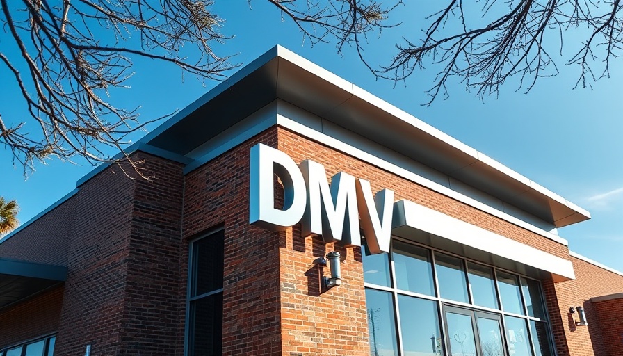 Department of Motor Vehicles building sign under clear blue sky.