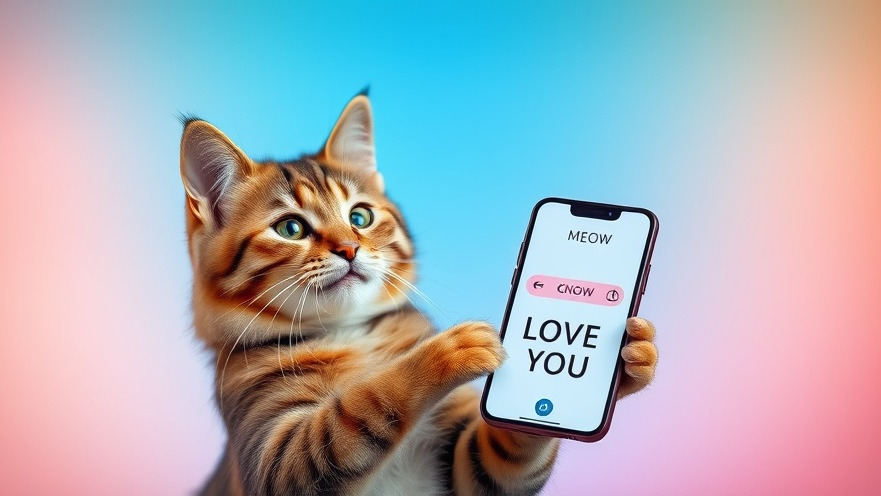 Enthusiastic young cat using AI communication tools with a smartphone, showcasing translation app.