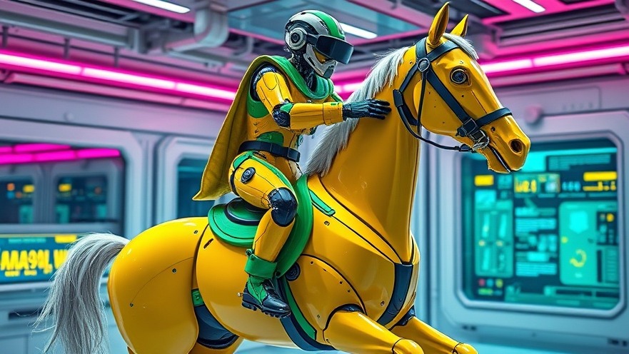 Futuristic humanoid robot on a horse in virtual reality, showcasing next-gen technology.