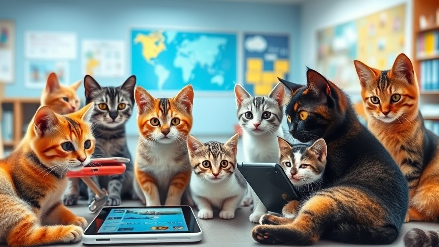Diverse cats and kittens engaging with tablets in a vibrant classroom setting, showcasing AI in education.