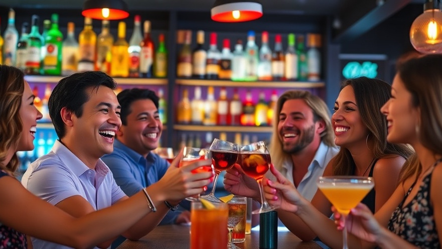 Friends enjoying Houston cocktail trends at a trendy bar, surrounded by vibrant drinks.