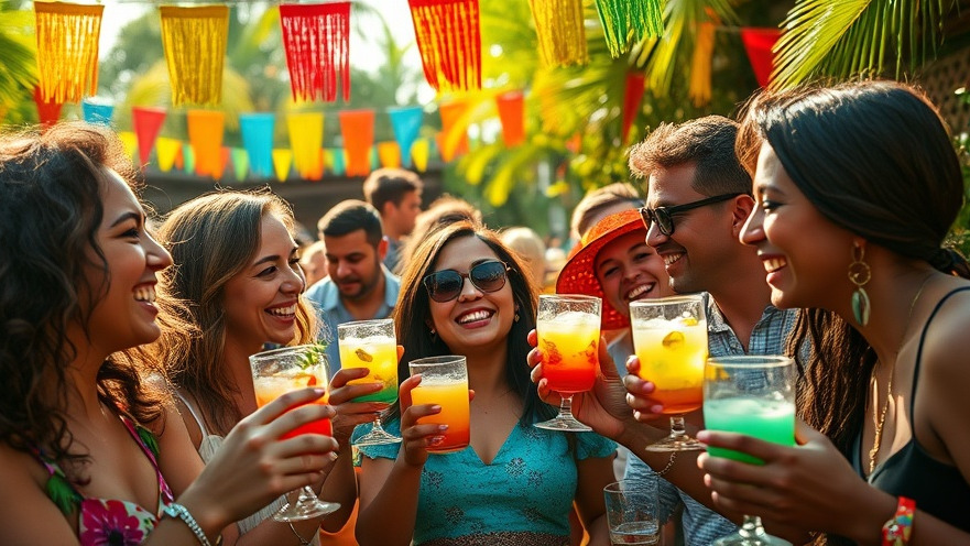Diverse group enjoying mezcal drinks amidst Miami cultural events and vibrant decorations.