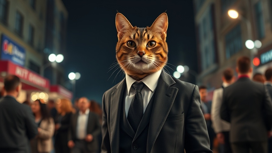 A formal cat in a suit stands confidently at night, showcasing AI cultural influence.
