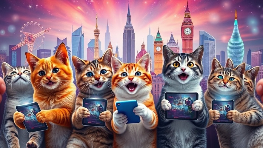 Cats exploring AI marketing strategies through vibrant travel tech interfaces.