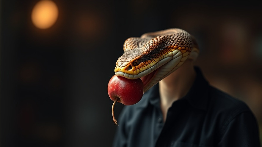 Photorealistic snake biting apple, symbolizing data privacy in future technology trends.