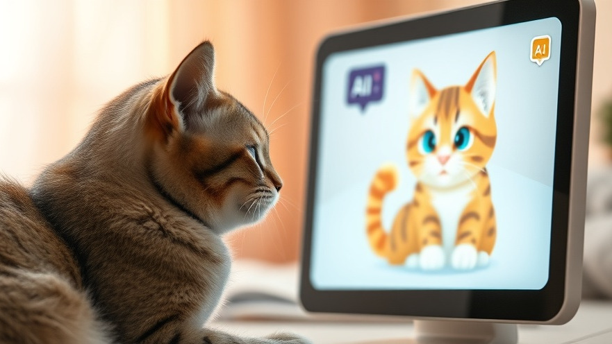 A cute cat interacts with a friendly AI cat on a warmly lit screen, highlighting AI's emotional impact.