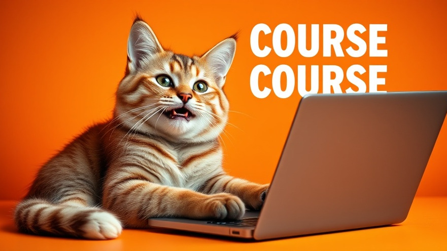Smiling cat using a laptop, showcasing AI art generators in a vibrant course banner.