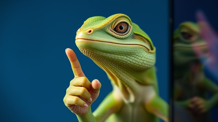 Middle-aged green lizard pointing at a screen, reflecting emerging tech trends.