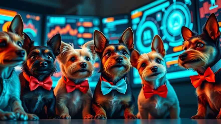 Terriers in bowties brainstorm around screens showcasing AI technology trends.