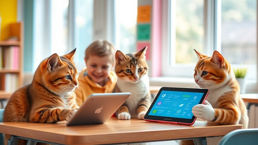 Colorful classroom with engaged cats using AI education tools, showcasing emotional intelligence in education.