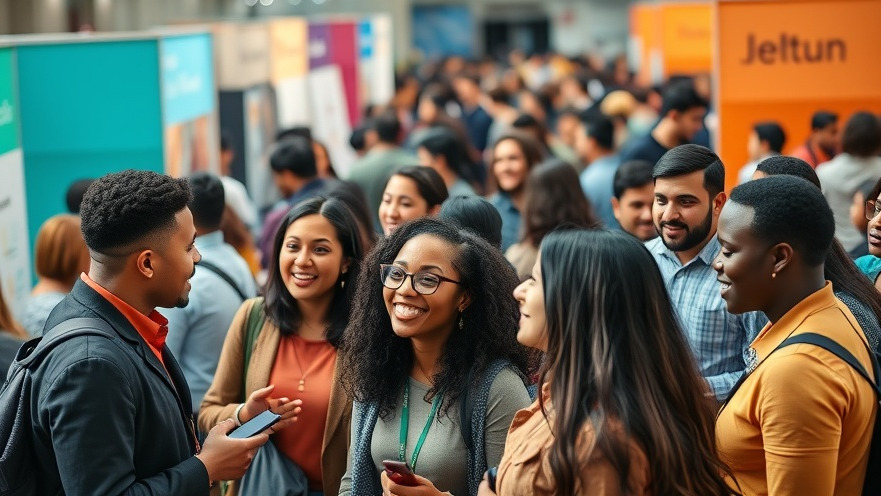 Job seekers engaging with recruiters at a vibrant job fair showcasing local job opportunities.