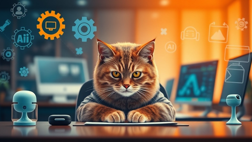 Worried employee cat at desk amid AI technology icons, highlighting job security concerns.