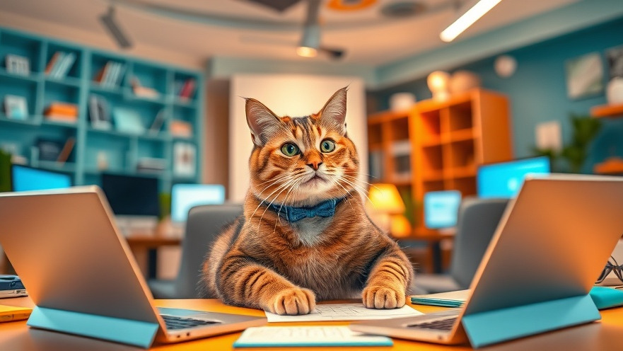 Young professional cat brainstorming with AI tools in a vibrant workspace.