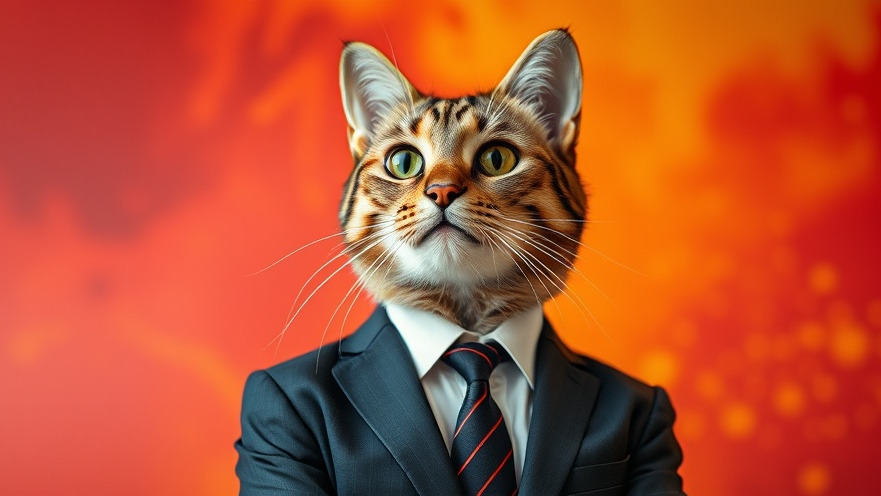 Photorealistic business executive cat representing AI risks and cybersecurity solutions.