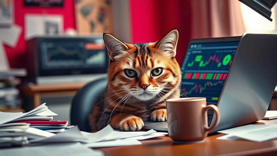 Concerned investor cat at a desk analyzing AI technology trends and innovations.