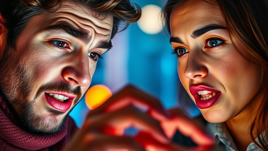 Two people show curiosity and optimism about AI and society, illuminated in vibrant colors.