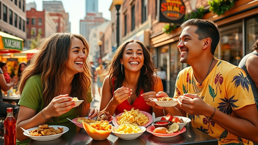 Friends enjoying delicious Atlanta brunch spots with vibrant street food.