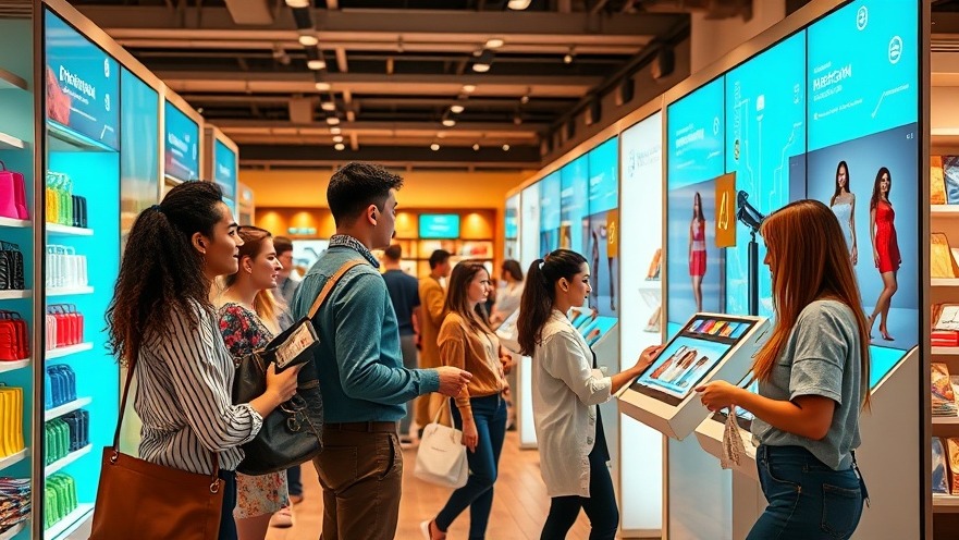 Diverse shoppers engage with AI-powered kiosks, showcasing AI applications in retail.