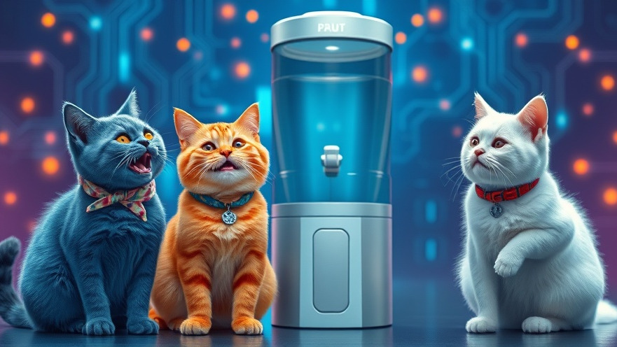 Three cats in casual clothes discussing AI cultural influence by a water cooler.