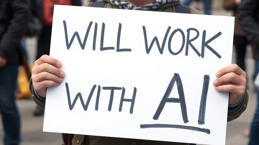 Unemployed person with sign 'WILL WORK WITH AI' highlighting future of jobs.