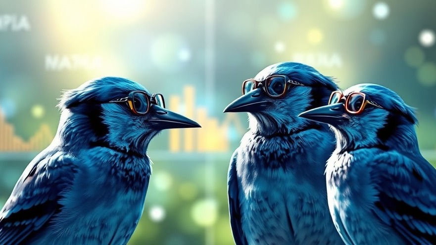 Blue jays in glasses discuss investment in AI with digital graphs and networks.
