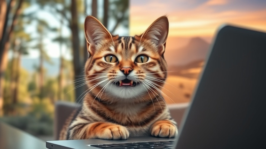 Smiling cat at laptop showcasing AI in art, transforming a forest to a desert.