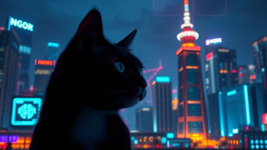 A worried cat silhouette in a neon-lit cityscape, highlighting AI concepts.