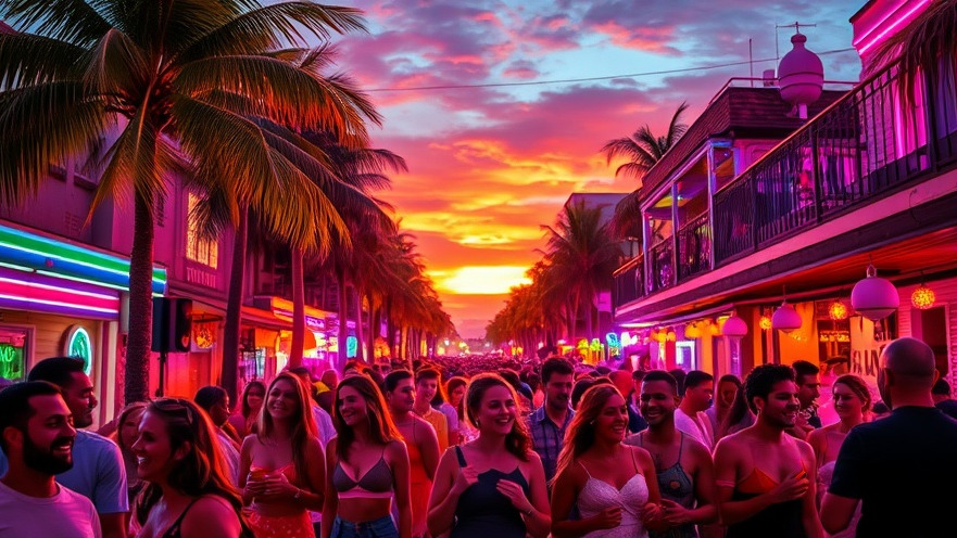 Vibrant Miami beach nightlife with diverse groups enjoying cultural events.