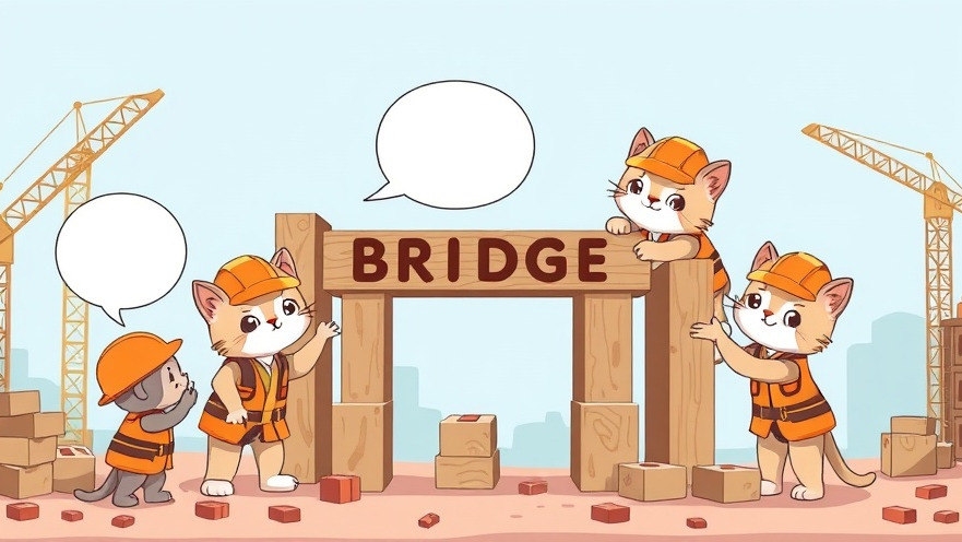 Whimsical cartoon cats as construction workers discussing AI society impact while building a bridge.
