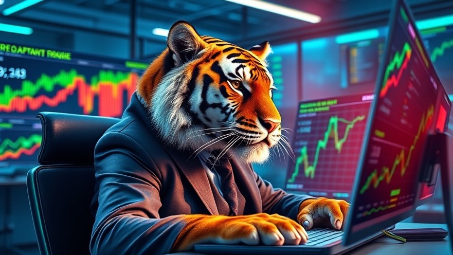 A tiger in a suit analyzes AI stock projections, highlighting future AI innovations.
