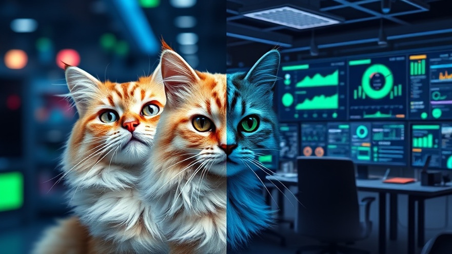 Persian cat exploring AI basics in a high-tech office with analytics screens.