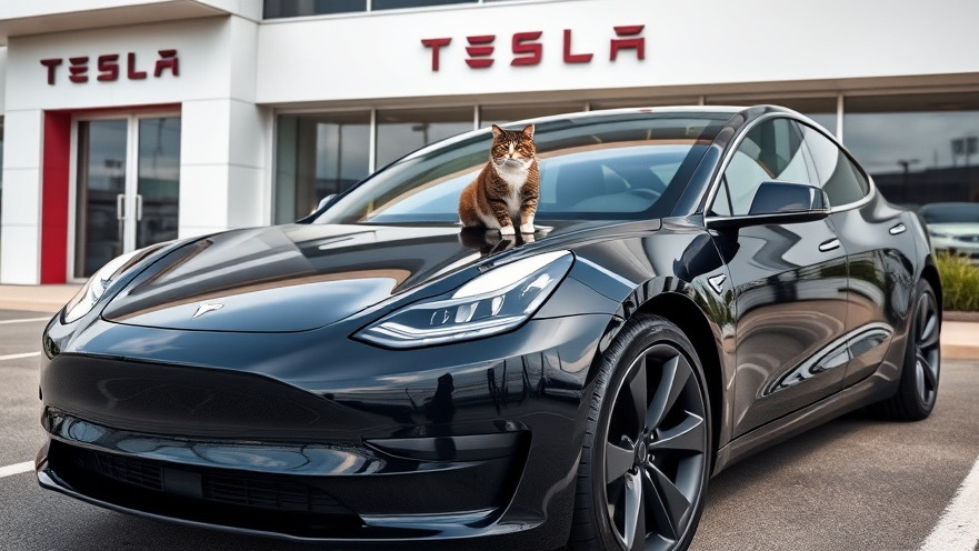 Sleek black Tesla Model Y showcasing next-gen automotive innovations parked outside a modern dealership.