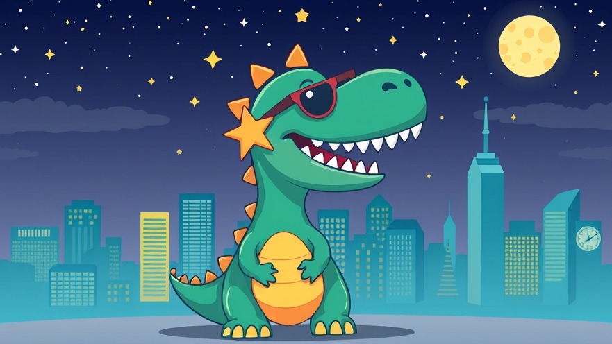 Playful dinosaur in star sunglasses with city skyline, showcasing Gaston County Public Library Films.