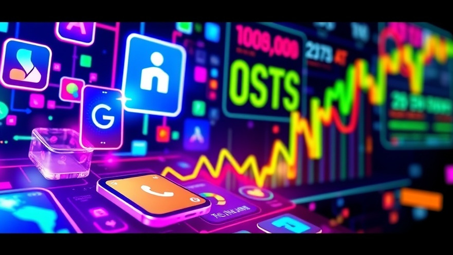 Futuristic ad showcasing AI-driven application development with vibrant app icons.
