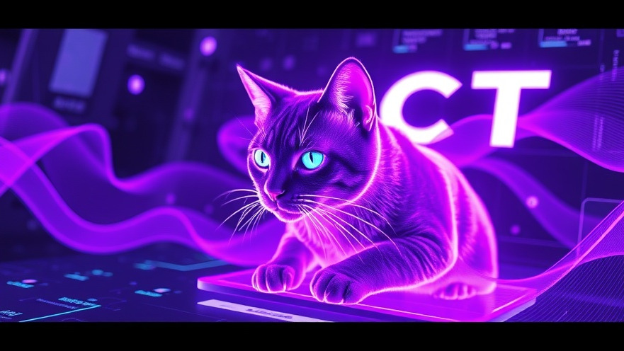 Futuristic cat hologram showcasing AI applications in industries, vibrant purple hues.