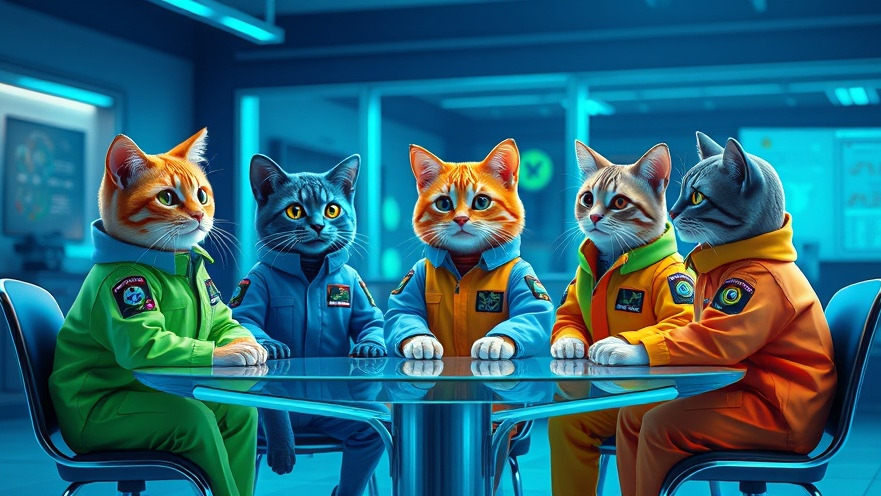 Colorful cats in jumpsuits discuss AI concepts at a futuristic table.