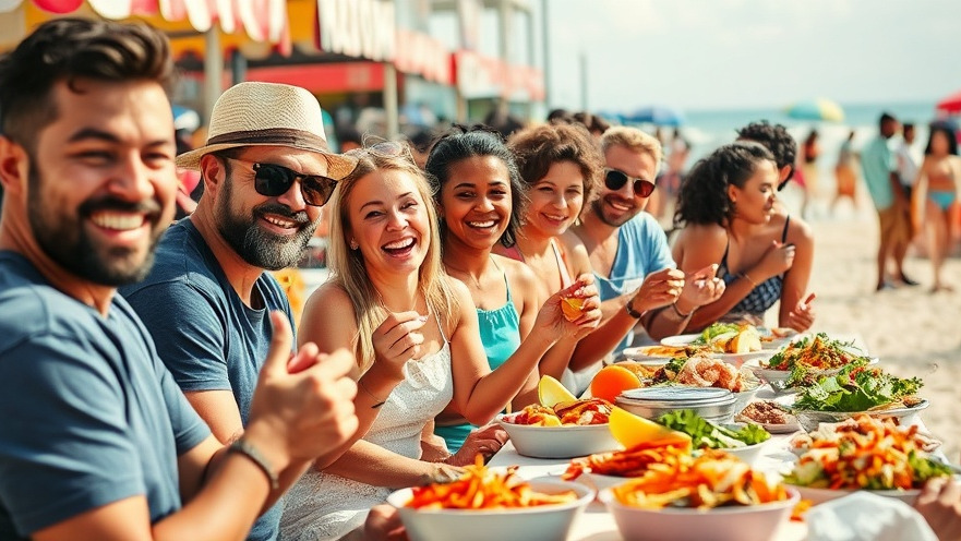 Excited festival-goers enjoying fresh seafood at Miami culinary events 2025.