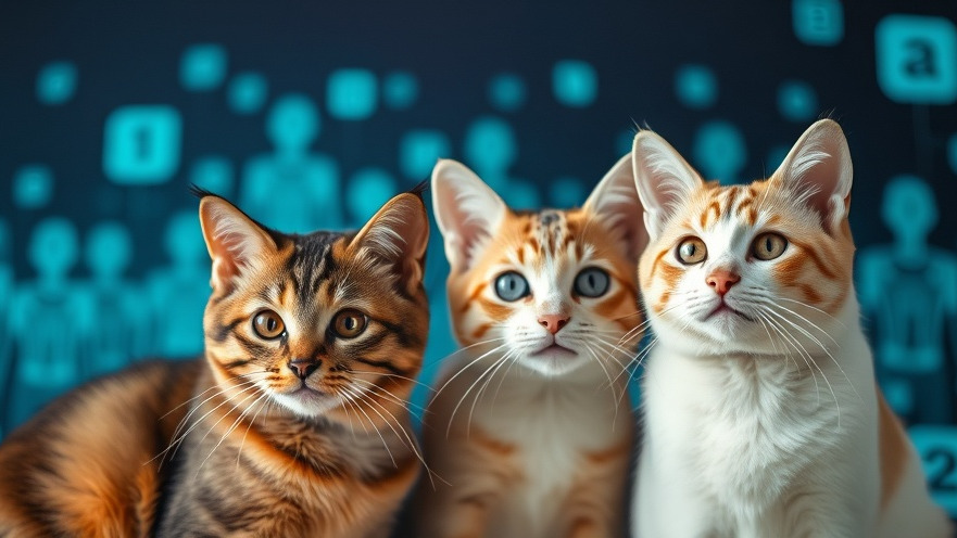 Three cats on a sleek gradient backdrop, highlighting AI in mental health and ethics.