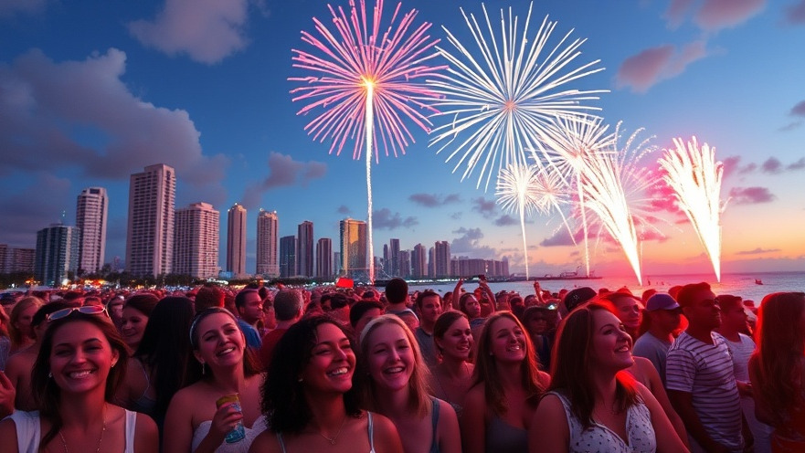 South Florida calendar: Beachgoers celebrating Independence with fireworks over Miami skyline.