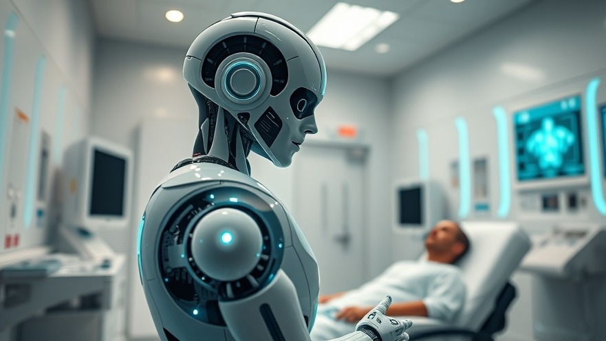 Futuristic AI healthcare robotic nurse assisting a patient in a high-tech exam room.