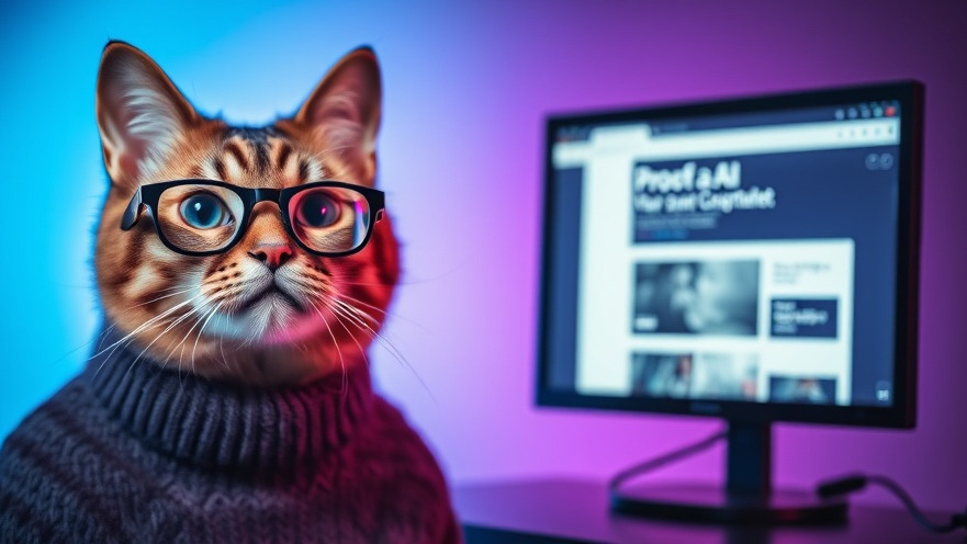 Curious scholarly cat alongside digital proof of AI advancements in content creation.