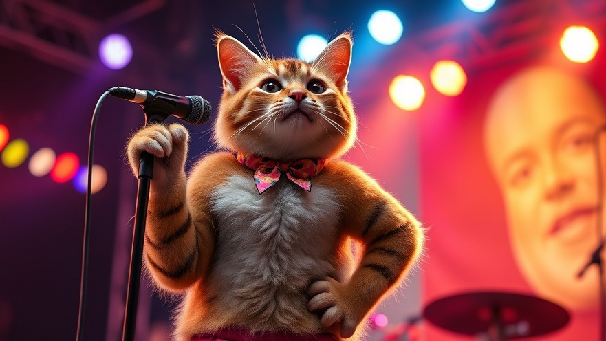 Dynamic female cat performer singing on stage, showcasing music technology's vibrant impact.