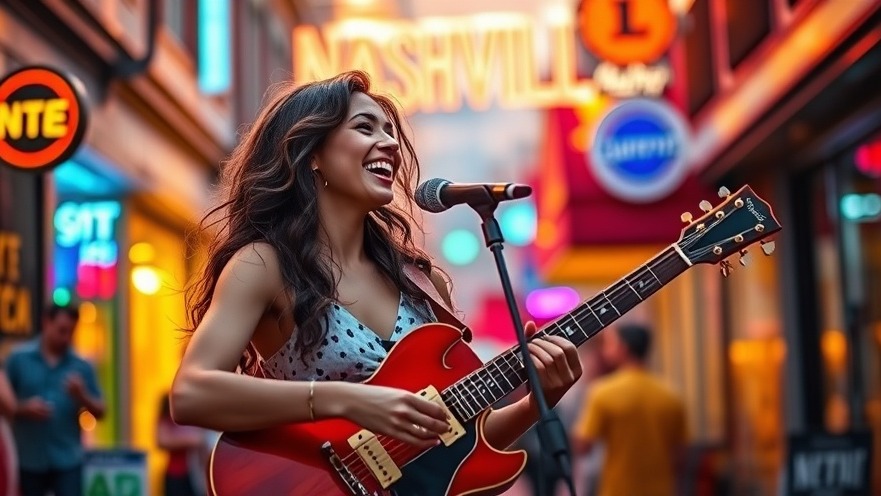 Female musician performing passionately in vibrant Nashville, showcasing music connection.