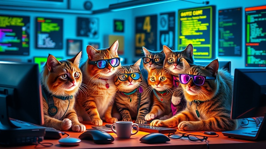 Automated code review scene with software cats in 80s outfits collaborating.
