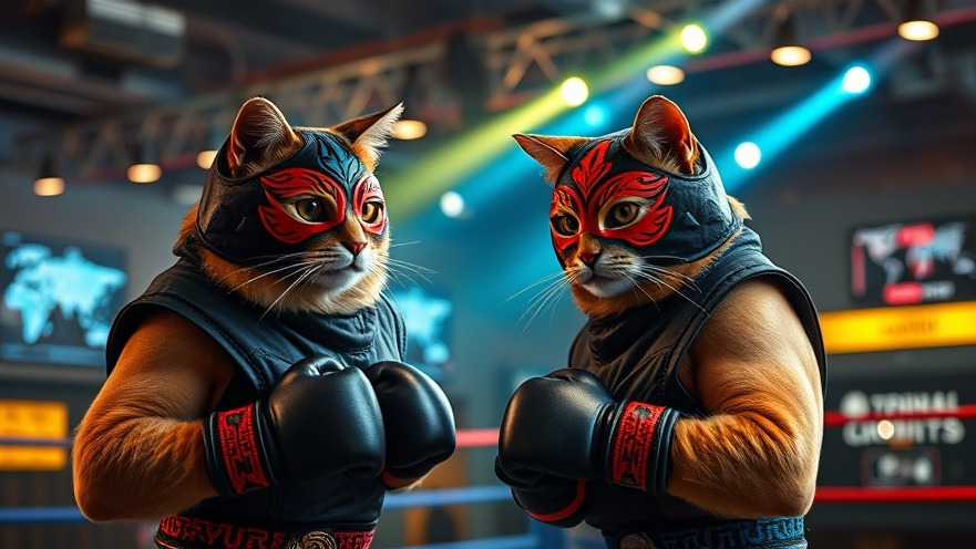 Dynamic wrestling cats in Noche Libre costumes symbolize the future of AI in business automation.