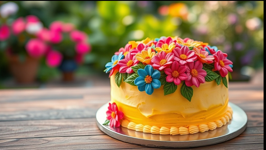 Vibrant gluten-free treats cake with colorful frosting flowers, close-up and inviting.